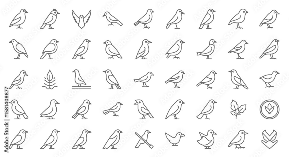 Poster set of vector icons collection of minimalist bird line art icons in various poses. vector illustrati