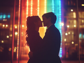 LGBT Couple Kissing in Front of a Rainbow Neon Wall &mdash; Symbol of Universal Love