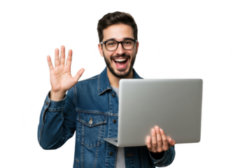 Happy Man Waving with Laptop on Transparent Background