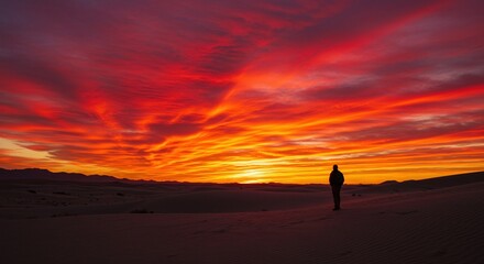 Fototapeta premium Solitary Person Standing in Desert During Vibrant Sunset with Colorful Sky and Dramatic Clouds