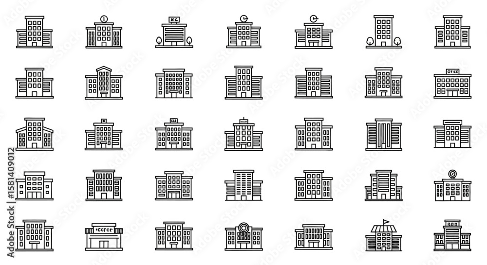 Poster set of vector icons collection of minimalist building icons with black outlines and various architec