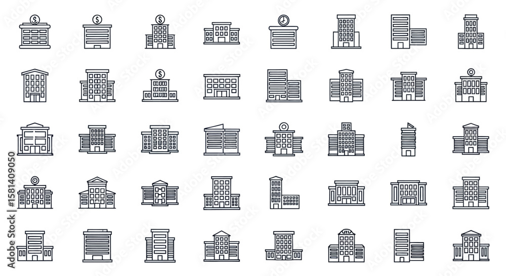 Poster set of vector icons collection of minimalist building icons with detailed outlines and varied design
