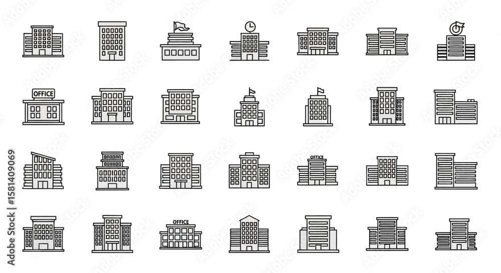 Poster set of vector icons collection of minimalist building icons with geometric window patterns. vector i