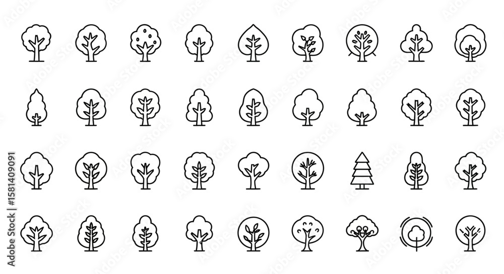 Poster set of vector icons collection of minimalist tree icons diverse shapes and styles in black outline. 