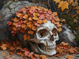 Autumn Skull Resting on Stone with Red and Orange Leaves