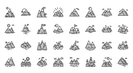 Set of Vector Icons Collection of Monochrome Mountain Icons with Varying Details. Vector Illustrations. EPS Editable