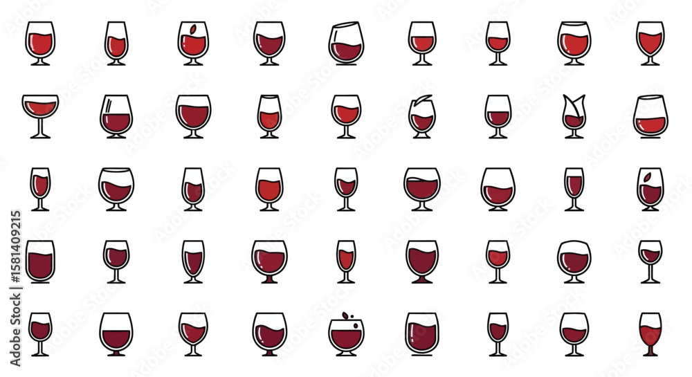 Poster set of vector icons collection of stylized wine glasses with red wine various shapes and styles. vec