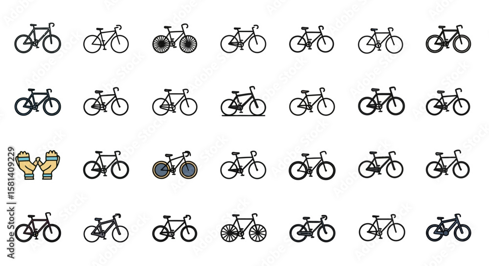 Poster set of vector icons collection of various bicycle icons in black outlined style vector illustration.