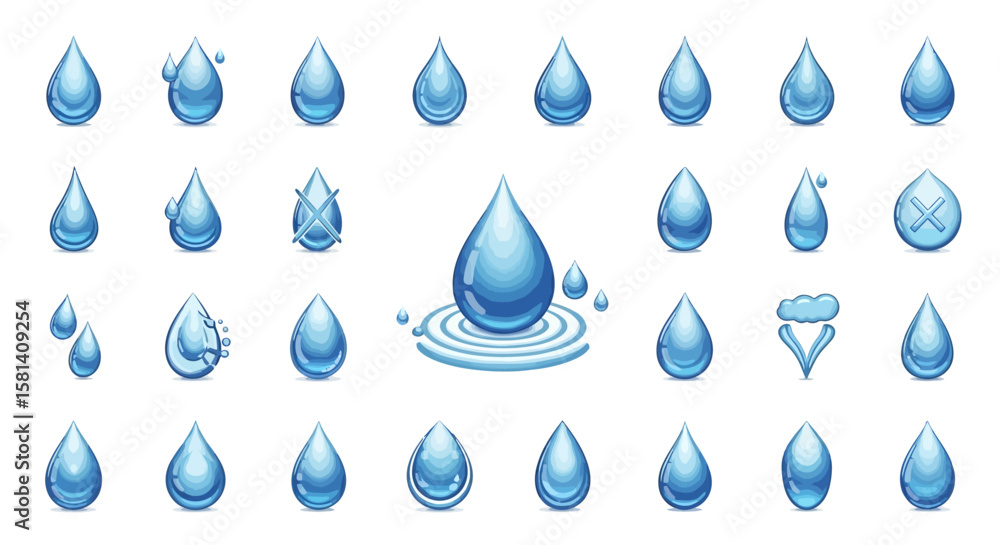 Aufkleber set of vector icons collection of various blue water droplets with different styles and effects. vec