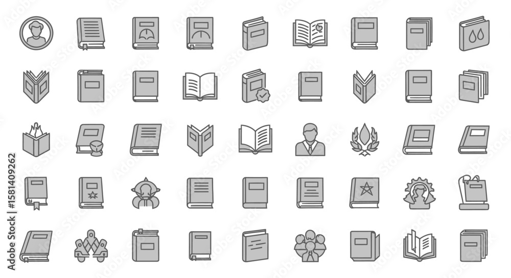 Poster set of vector icons collection of various book icons in monochrome style. vector illustrations. eps 