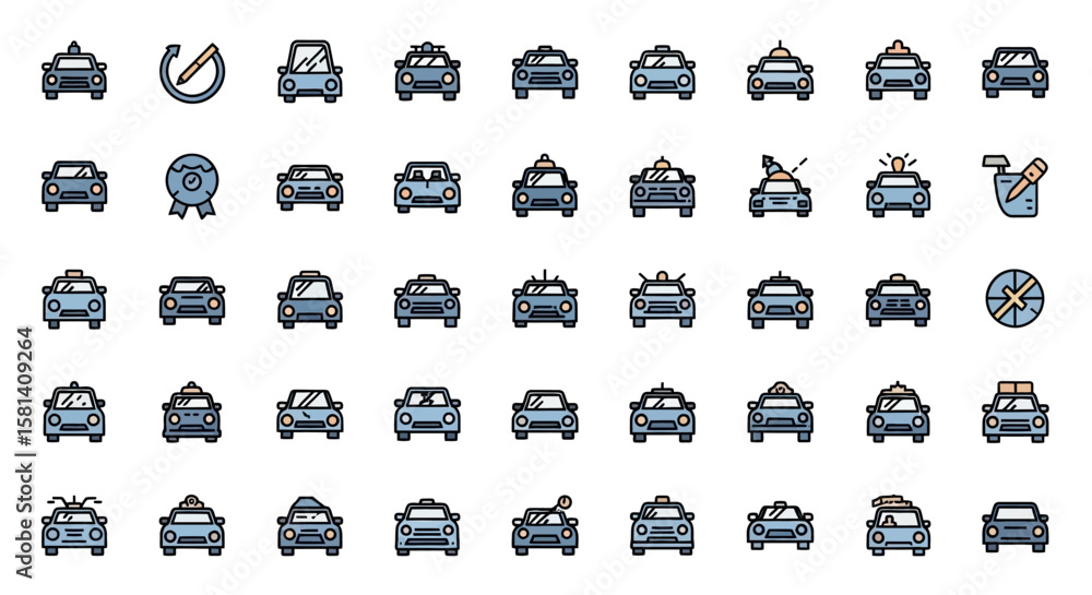 Poster set of vector icons collection of various car icons with different features. vector illustrations. e