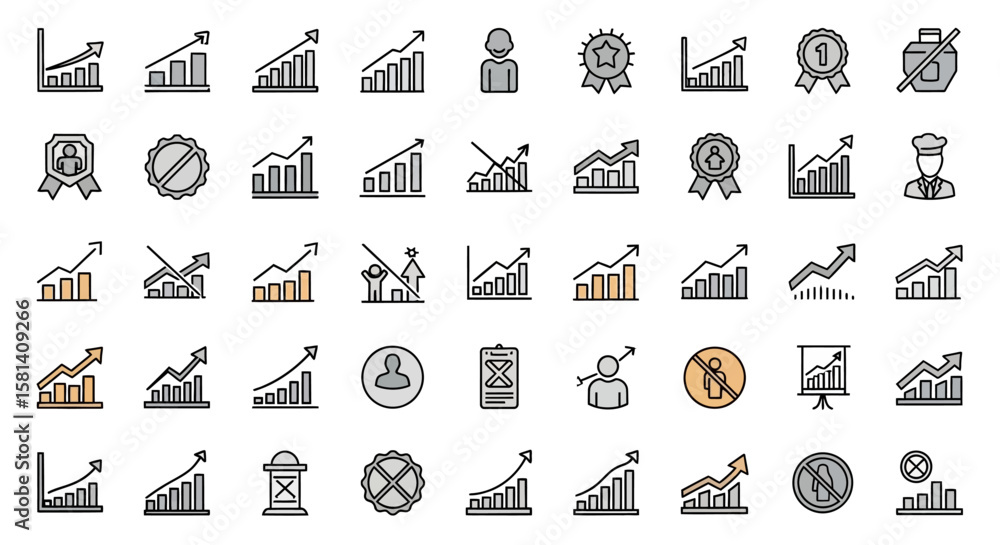 Poster set of vector icons collection of various business and finance icons with upward trends. vector illu