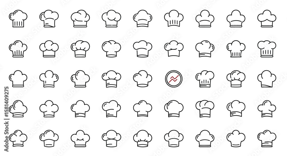 Poster set of vector icons collection of various chef hat icons in simple black outline style. vector illus