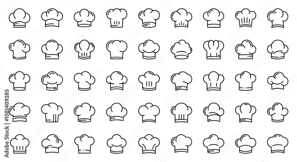 Poster set of vector icons collection of various chef hats in outline style. vector illustrations. eps edit