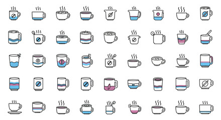 Fototapeta premium Set of Vector Icons Collection of Various Coffee and Tea Cups with Different Contents. Vector Illustrations. EPS Editable