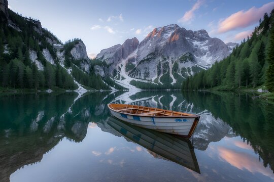 Lone wooden rowboat floats on calm lake with mountain reflection water