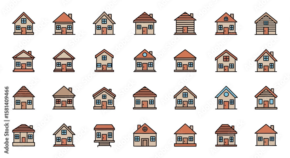 Poster set of vector icons collection of various illustrated house icons with different roof styles. vector