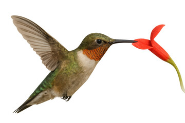 Ruby-throated hummingbird hovering near red flower, spreading wings while sipping nectar against clean transparent backdrop