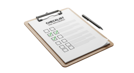 Completed task checklist on clipboard with pen and checked boxes representing progress and accomplishment for goal setting and planning