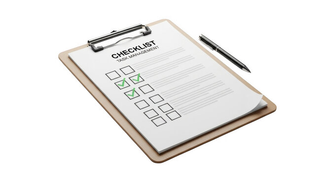 Completed task checklist on clipboard with pen and checked boxes representing progress and accomplishment for goal setting and planning
