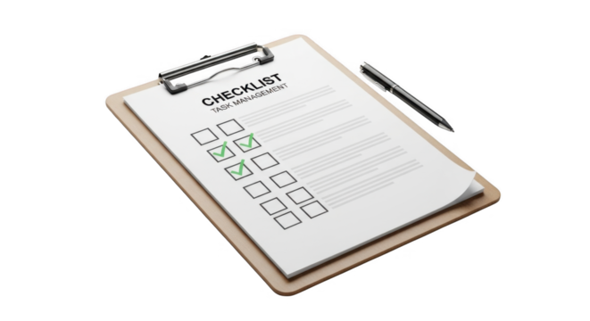 Completed task checklist on clipboard with pen and checked boxes representing progress and accomplishment for goal setting and planning