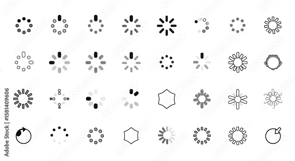 Poster set of vector icons collection of various loading icons in grayscale. vector illustrations. eps edit