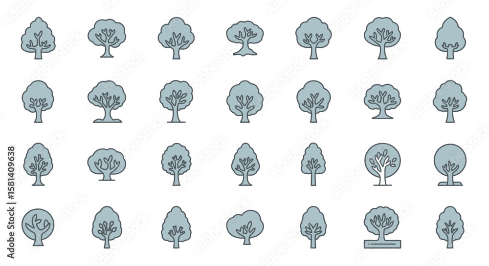 Aufkleber set of vector icons collection of various outline tree icons in light gray. vector illustrations. ep