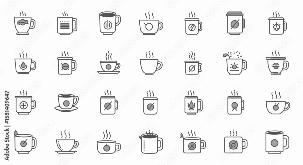 Poster set of vector icons collection of various steaming coffee and tea cups with unique designs. vector i
