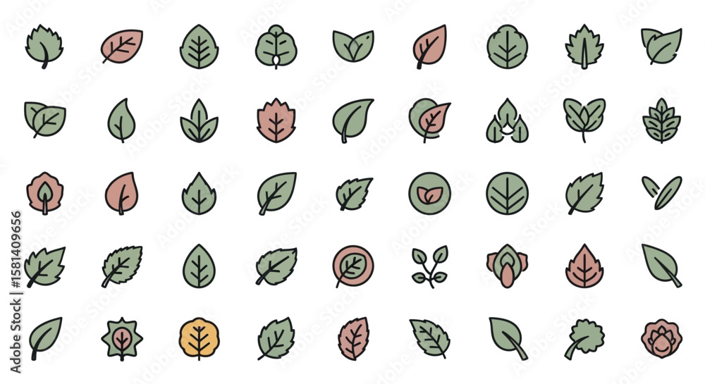 Poster set of vector icons collection of various stylized leaf icons with outlines and different colors. ve