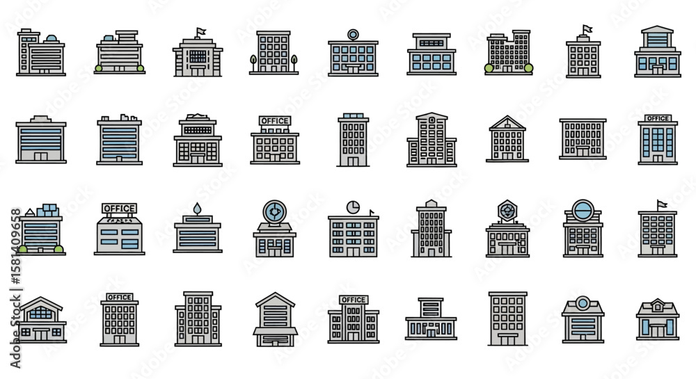 Poster set of vector icons collection of various stylized buildings and office structures in vector format.