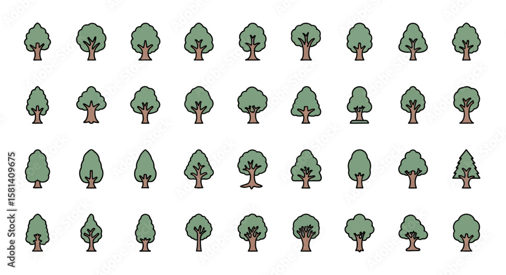 Poster set of vector icons collection of various stylized tree icons. vector illustrations. eps editable