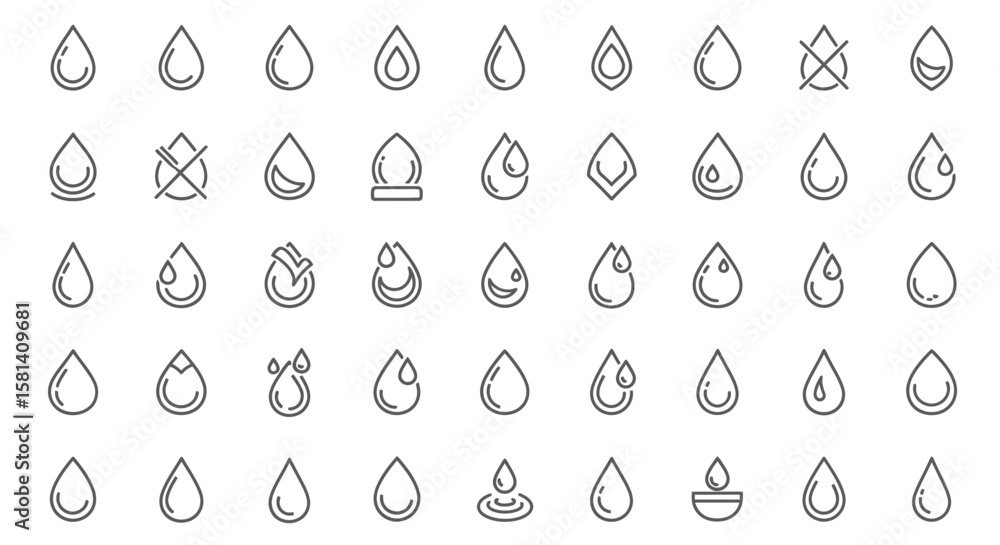 Poster set of vector icons collection of various water drop icons in minimalist line art style. vector illu