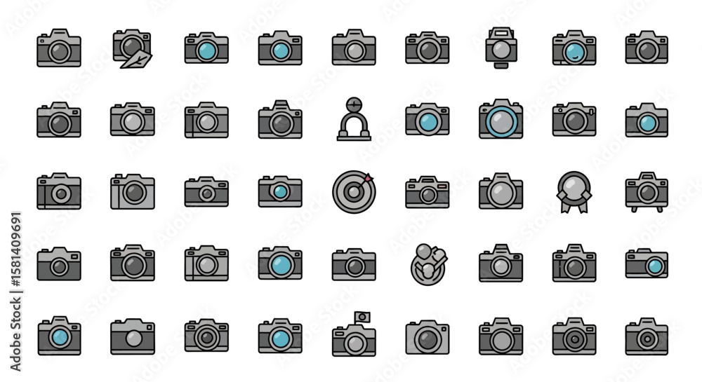 Poster set of vector icons collection of various vector camera icons in different styles and designs. vecto