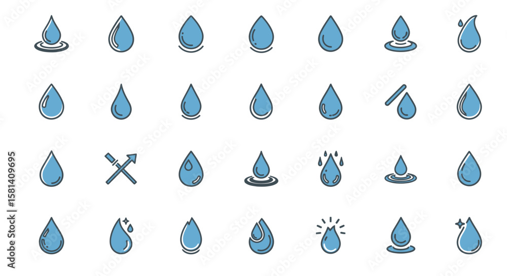 Poster set of vector icons collection of various water drop icons. vector illustrations. eps editable