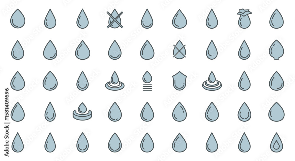 Poster set of vector icons collection of various water drop icons with different styles and designs. vector