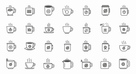 Set of Vector Icons Collection of Various Steaming Coffee and Tea Cups with Unique Designs. Vector Illustrations. EPS Editable