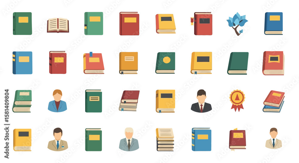 Poster set of vector icons colorful flatdesign books collection various styles colors and arrangements. vec