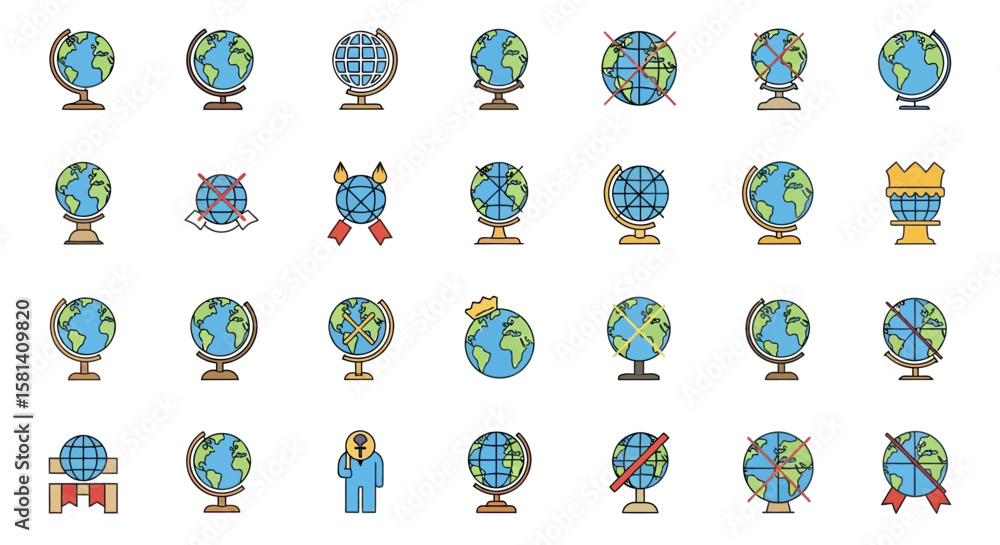 Poster set of vector icons colorful globe icons representing earth world and global concepts in vector styl