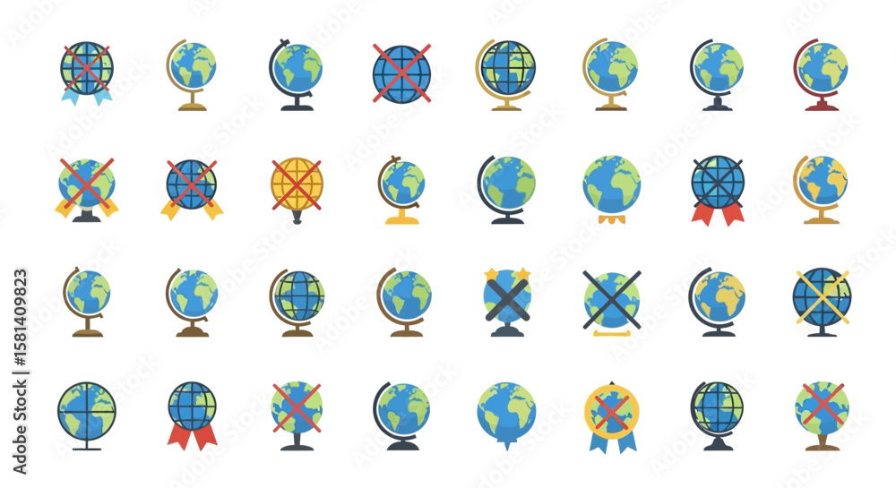 Poster set of vector icons colorful globe icons with various styles and red crosses isolated. vector illust