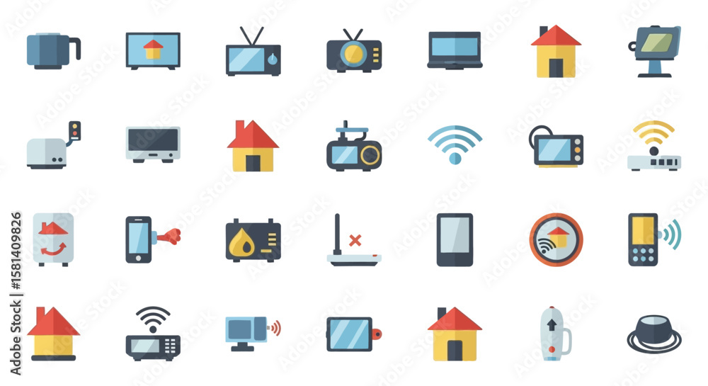 Poster set of vector icons colorful flat vector icons representing various modern technologies and devices.