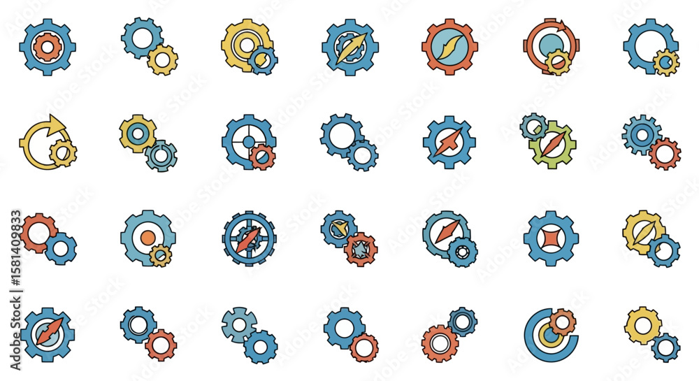 Poster set of vector icons colorful gear icons with compass arrows and interlocking designs. vector illustr