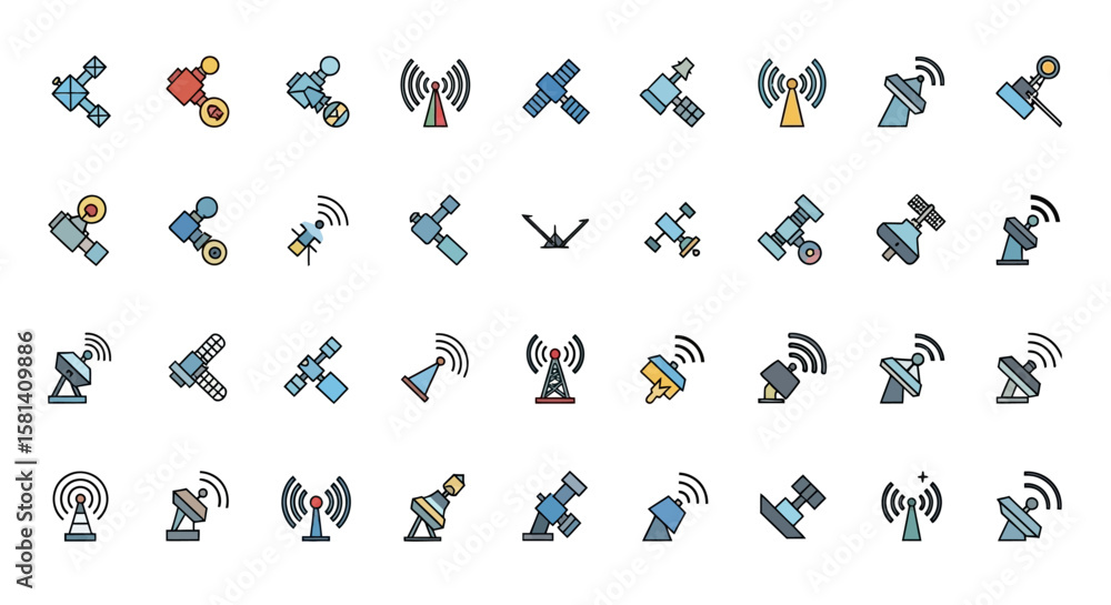 Poster set of vector icons colorful vector icons of satellites antennas and communication devices. vector i