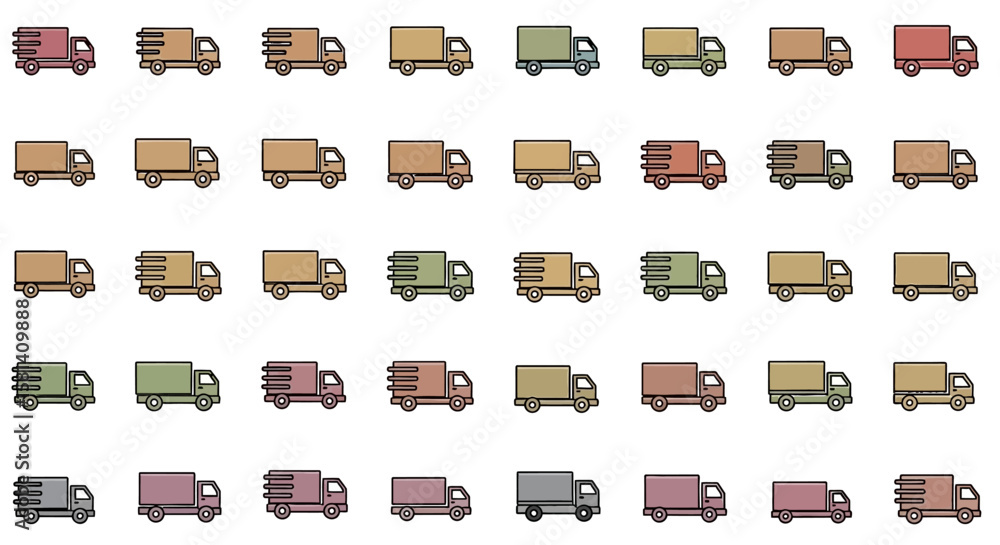 Poster set of vector icons colorful vector illustrations of delivery trucks in various styles. vector illus