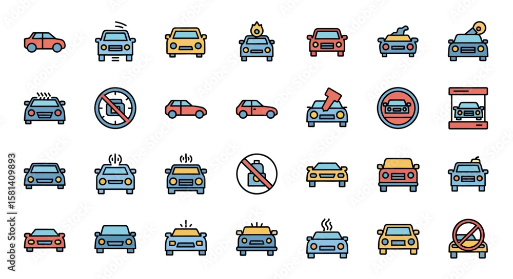 Poster set of vector icons colorful vector illustrations of various cars depicting different conditions and