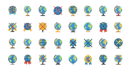 Set of Vector Icons Colorful Globe Icons with Various Styles and Red Crosses Isolated. Vector Illustrations. EPS Editable