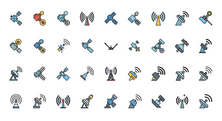 Set of Vector Icons Colorful Vector Icons of Satellites Antennas and Communication Devices. Vector Illustrations. EPS Editable