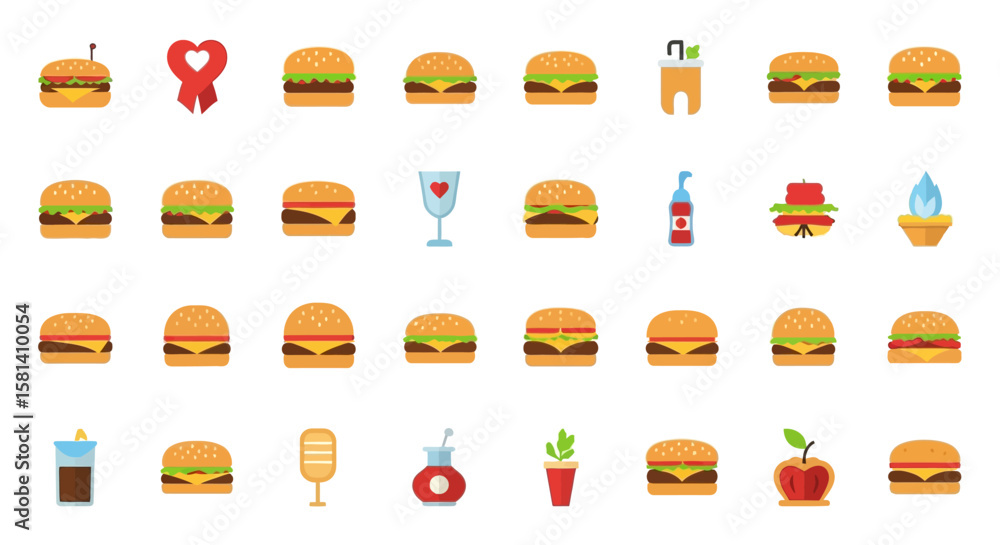 Poster set of vector icons delicious vector illustration of various hamburger designs with toppings. vector