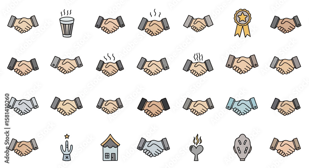 Poster set of vector icons diverse business handshakes with various tones and styles. vector illustrations.