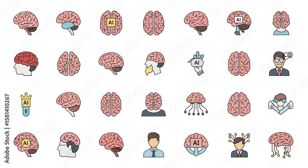 Poster set of vector icons diverse brain icons representing artificial intelligence concepts and human inte