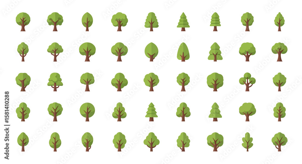 Aufkleber set of vector icons diverse collection of flat vector tree icons with green foliage. vector illustra